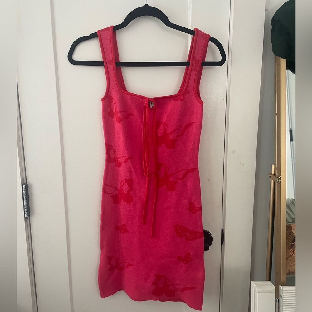 Urban Outfitters knit bow mini dress, pink & red butterfly pattern